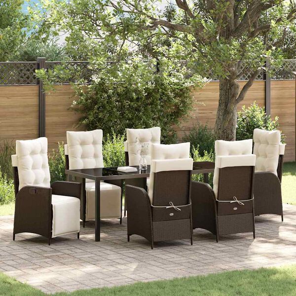 vidaXL Tuin eettafelset met kussen 7 pcs Bruin poly rattan