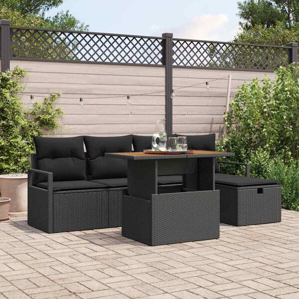 vidaXL Tuinbankenset met kussen met opslag 6 pcs Zwart poly rattan
