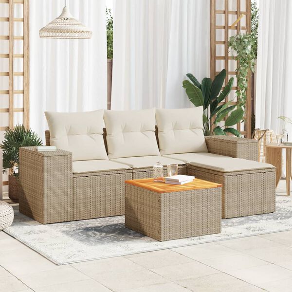 vidaXL 5-delige Loungeset met kussens poly rattan beige