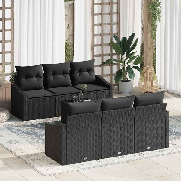 vidaXL Bankstel met kussen met kussen 7 pcs Zwart poly rattan