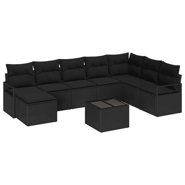 vidaXL Bankstel met kussen met opslag 9 pcs Zwart poly rattan