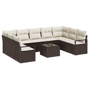 vidaXL Tuinbankenset met kussen 10 pcs Bruin en Cr&egrave;me poly rattan