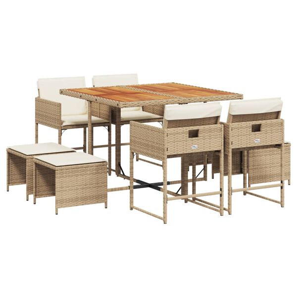 vidaXL 9-delige Tuinset met kussens poly rattan beige