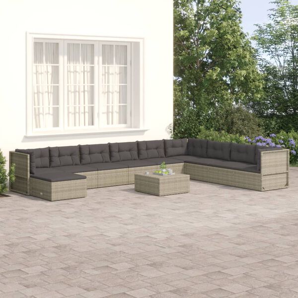 vidaXL 10-delige Loungeset met kussens poly rattan grijs