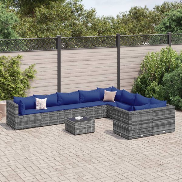 vidaXL 10-delige Loungeset met kussens poly rattan grijs