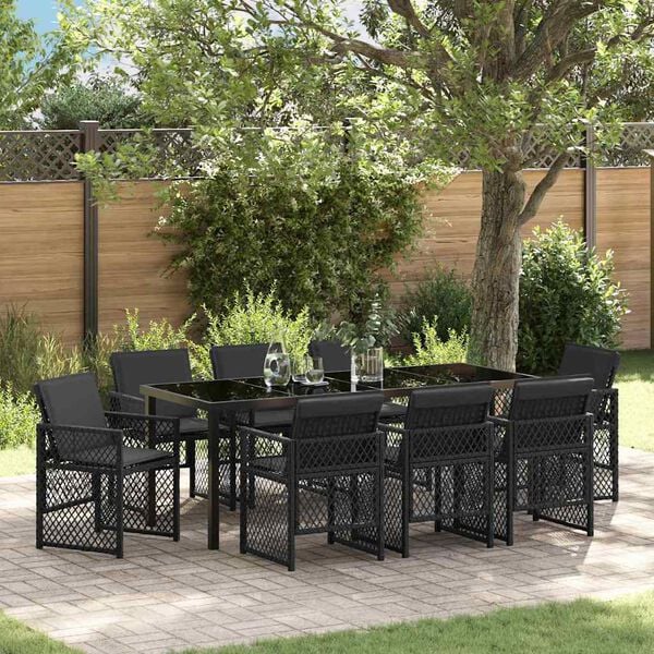 vidaXL Tuin eettafelset 9 pcs Zwart poly rattan