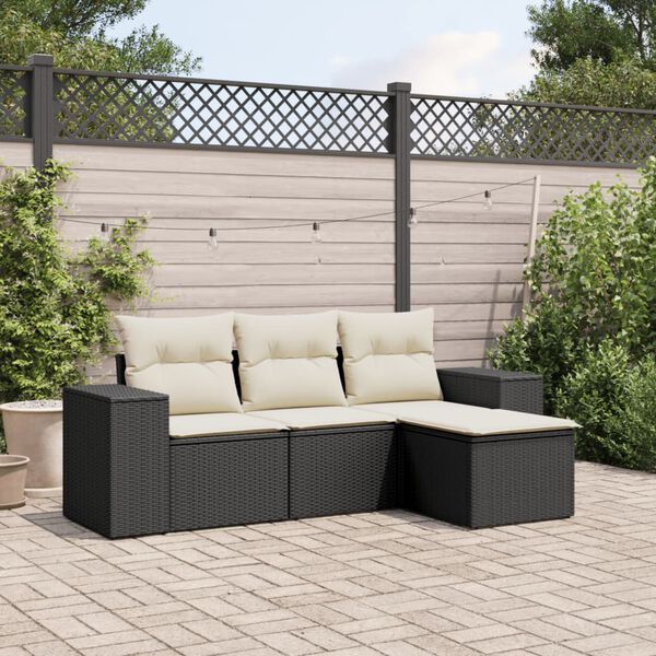 vidaXL 4-delige Loungeset met kussens poly rattan zwart