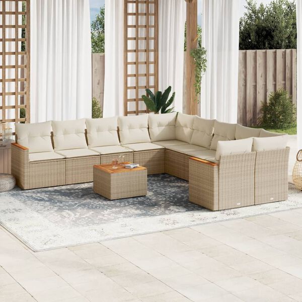 vidaXL 11-delige Tuinset met kussens poly rattan beige