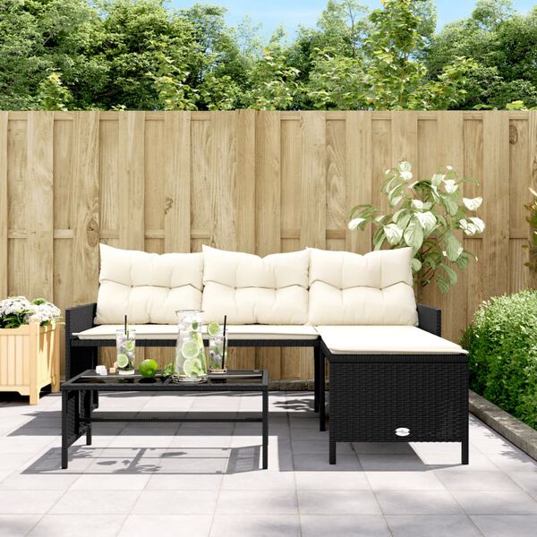 vidaXL Tuinbank met tafel en kussens L-vormig poly rattan zwart