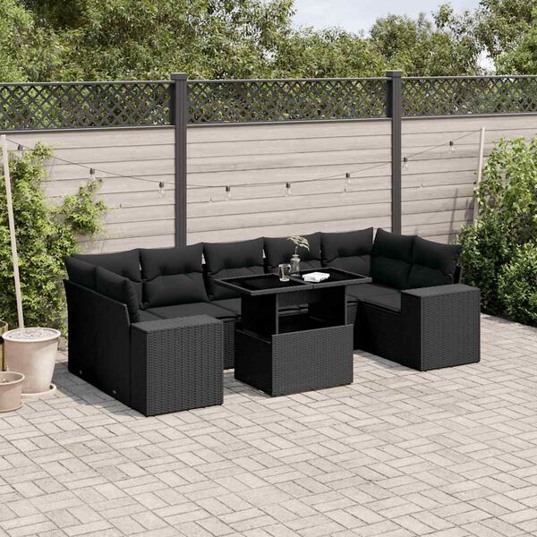 vidaXL 8-delige Loungeset met kussens poly rattan zwart