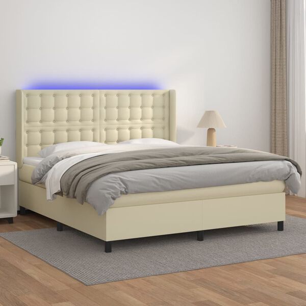 vidaXL Boxspring met matras en LED kunstleer cr&egrave;mekleurig 180x200 cm