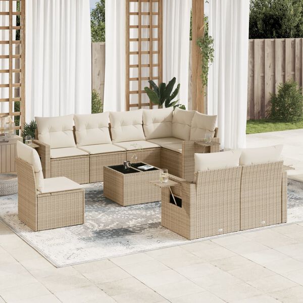 vidaXL 9-delige Loungeset met kussens poly rattan beige
