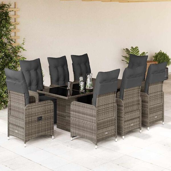 vidaXL 9-delige Bistroset met kussens poly rattan grijs
