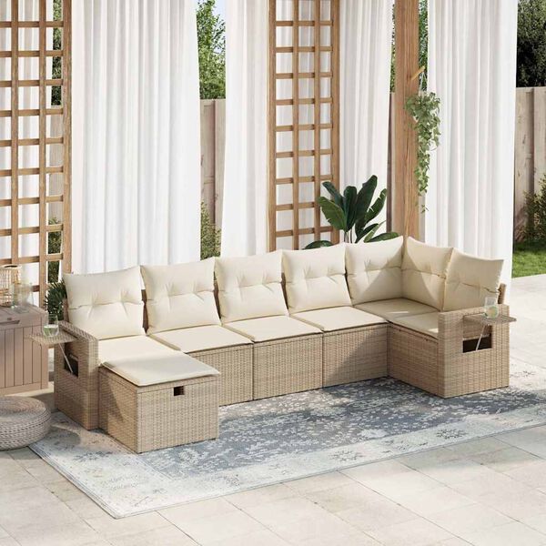 vidaXL 7-delige Loungeset met kussens poly rattan beige