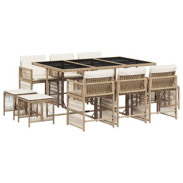 vidaXL 11-delige Tuinset met kussens poly rattan beige