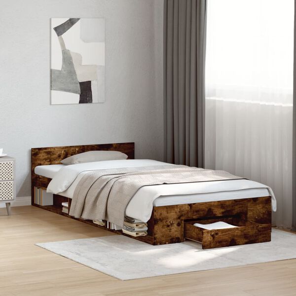 vidaXL Bedframe met lade bewerkt hout gerookt eikenkleurig 90x190 cm