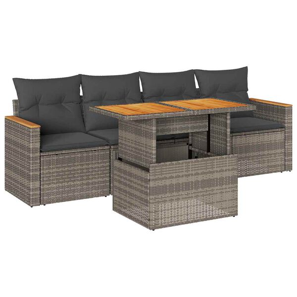 vidaXL 5-delige Loungeset met kussens poly rattan acacia grijs