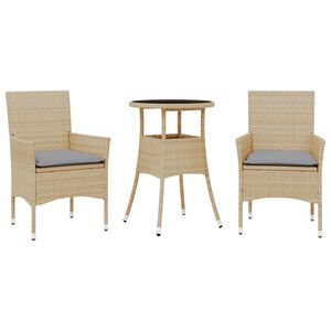 vidaXL 3-delige Tuinset met kussens poly rattan en glas beige