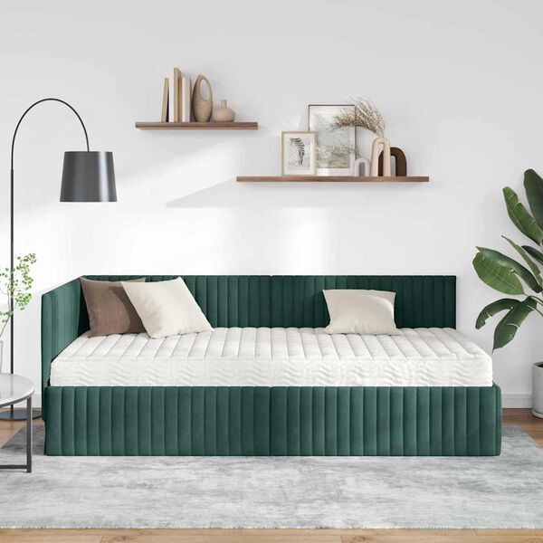 vidaXL Hoekbedframe met Matras met hoofdeinde 2 pcs Groen Fluweel