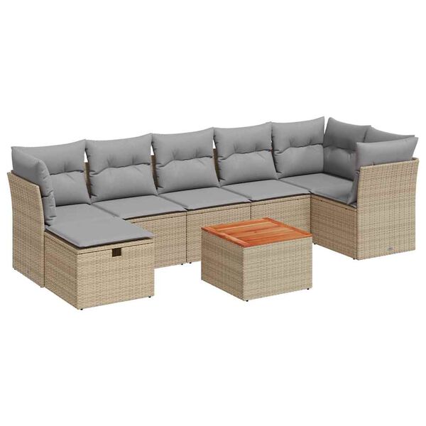 vidaXL 8-delige Loungeset met kussens poly rattan beige