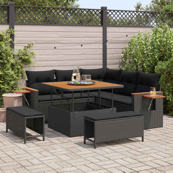 vidaXL Tuinbankenset 8 pcs Zwart Poly rattan en gepoedercoat staal
