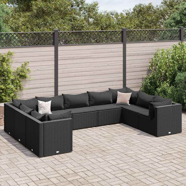 vidaXL 9-delige Loungeset met kussens poly rattan zwart