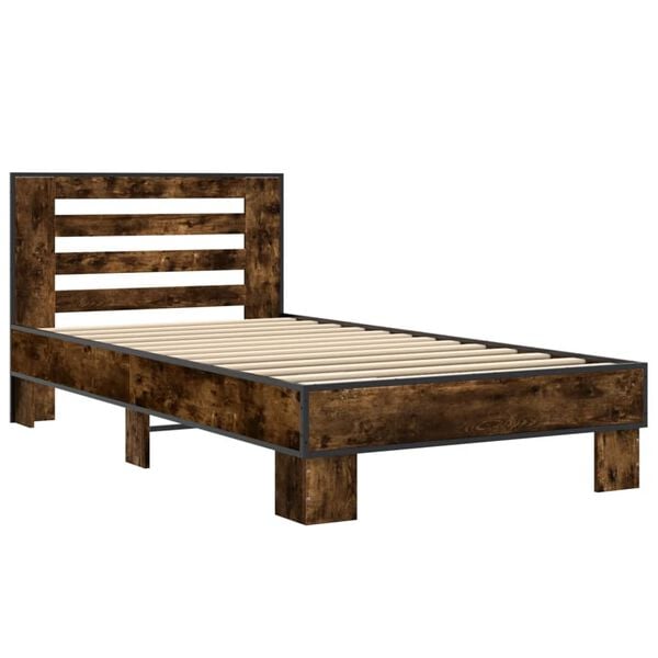 vidaXL Bedframe bewerkt hout en metaal gerookt eikenkleurig 90x200 cm
