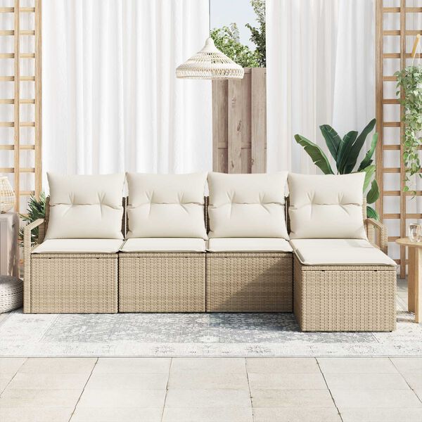 vidaXL Bankstel met kussen met opslag 5 pcs Beige en Cr&egrave;me poly rattan