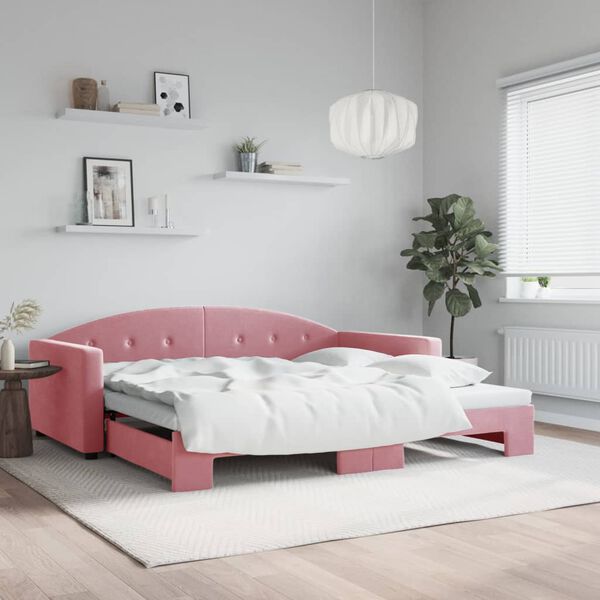 vidaXL Slaapbank met onderschuifbed 100x200 cm fluweel roze