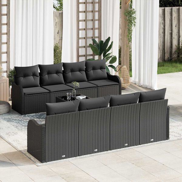 vidaXL Tuin Sofa Set met kussen 9 pcs Zwart Poly Riet en Staal en Glas