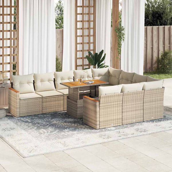vidaXL 11-delige Tuinset met kussens poly rattan acacia beige