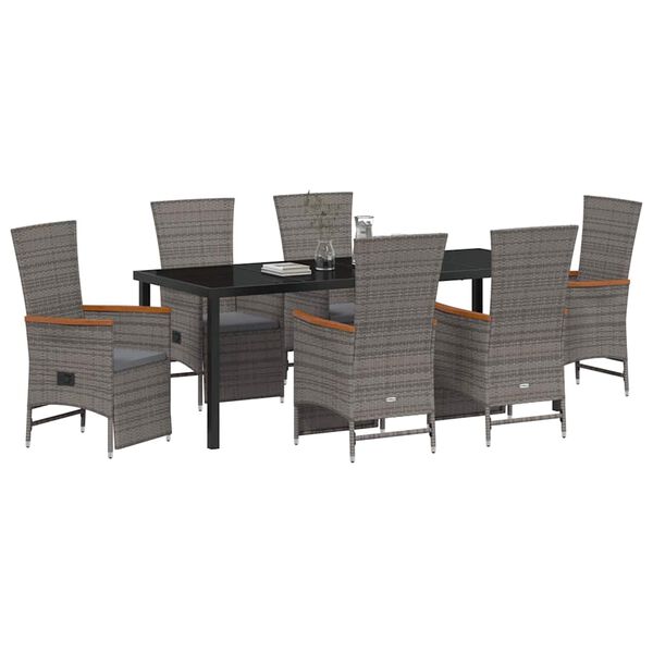 vidaXL Tuin eettafelset met kussen 7 pcs Grijs poly rattan