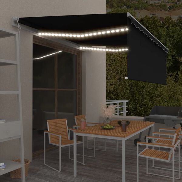 vidaXL Luifel met rolgordijn, LED en windsensor 4x3 m antracietkleurig