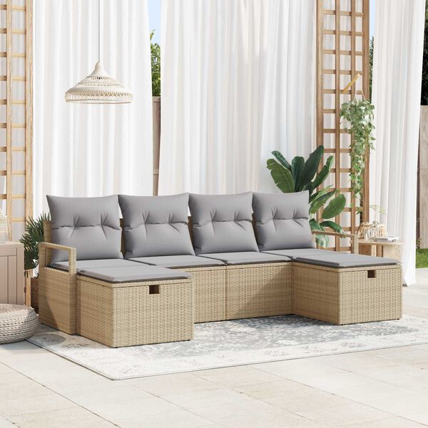 vidaXL Tuin Sofa Set met kussen met opslag 6 pcs Beige Poly riet