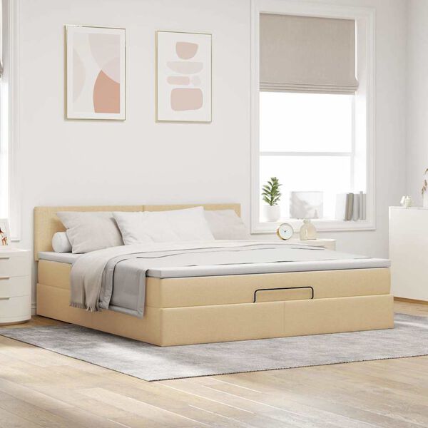 vidaXL Ottoman bed met matras en LED's 160x200cm stof cr&egrave;mekleurig