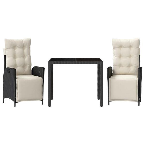 vidaXL 3-delige Tuinset met kussens poly rattan zwart