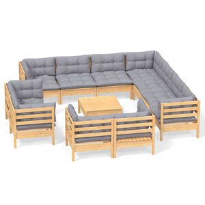 vidaXL 12-delige Loungeset met grijze kussens massief grenenhout