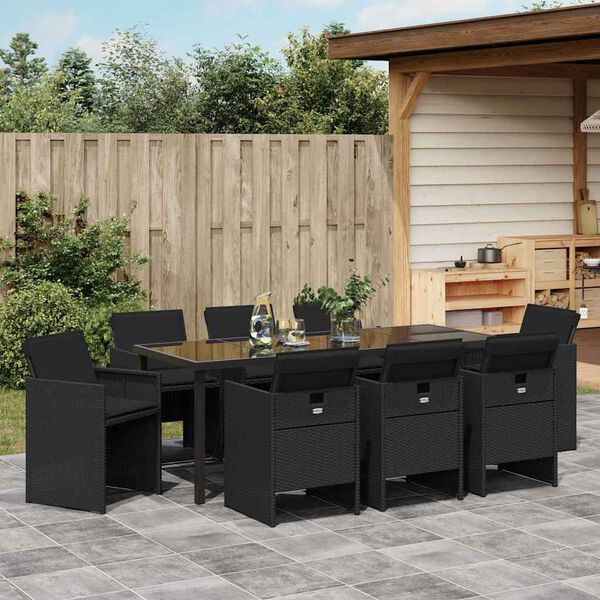 vidaXL Tuin eettafelset 9 pcs Zwart poly rattan
