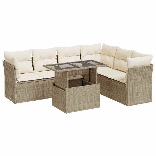 vidaXL 7-delige Loungeset met kussens poly rattan beige