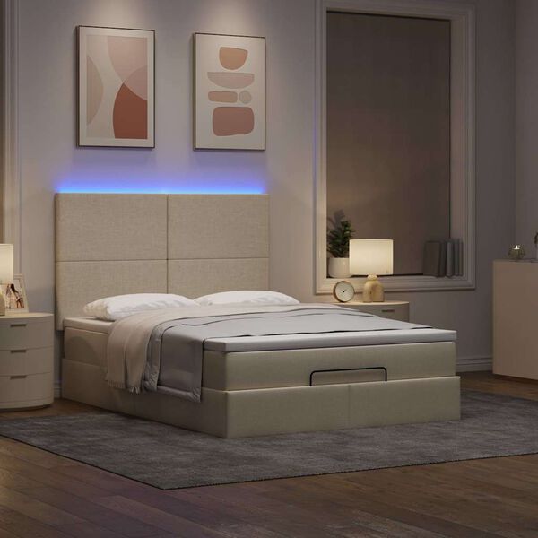 vidaXL Ottoman bed met matras en LED's 140x200cm stof cr&egrave;mekleurig