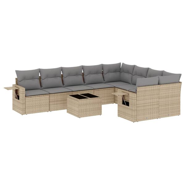 vidaXL 10-delige Loungeset met kussens poly rattan beige