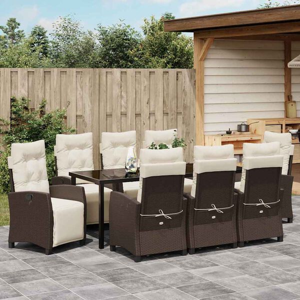 vidaXL Tuin eettafelset met kussen 9 pcs Bruin poly rattan