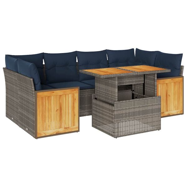 vidaXL 7-delige Loungeset met kussens poly rattan acacia grijs