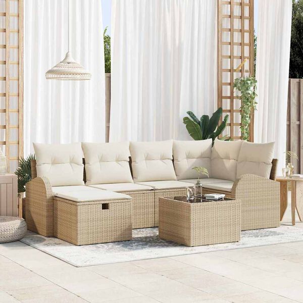 vidaXL Tuin Sofa Set met kussen met opslag 7 pcs Beige Poly riet