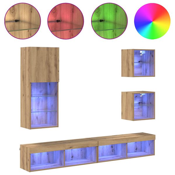 vidaXL TV Wand Eenheden met LED 5 pcs Artisan Eiken Bewerkt hout