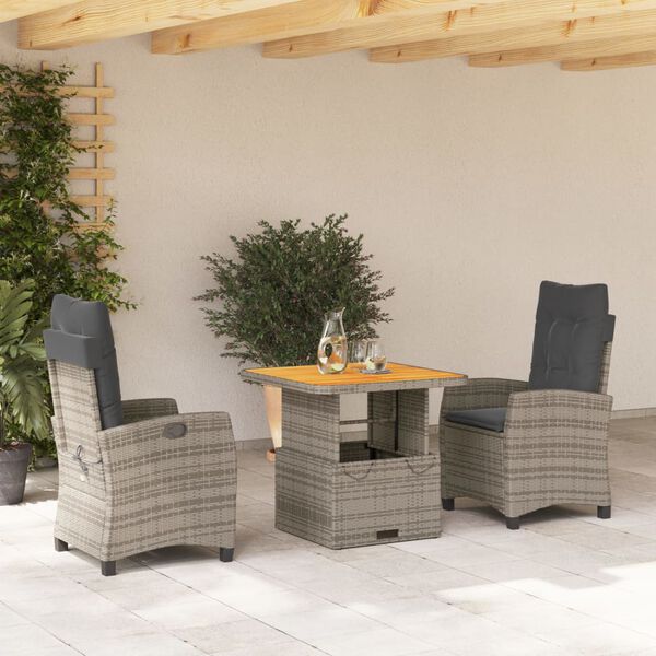 vidaXL 3-delige Tuinset met kussens poly rattan grijs