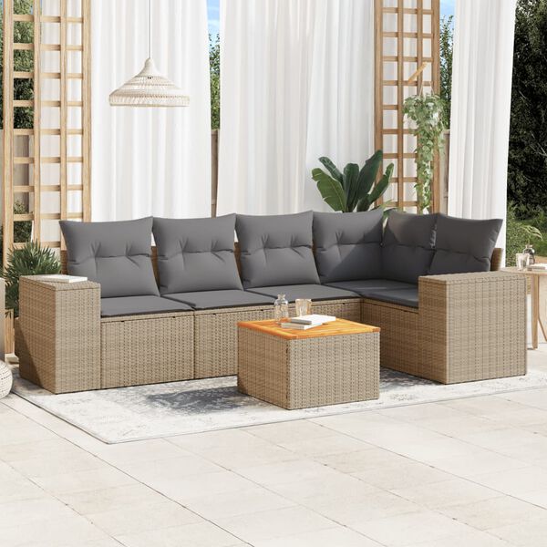 vidaXL 6-delige Loungeset met kussens poly rattan beige