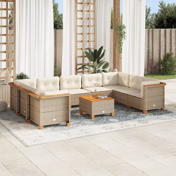 vidaXL 10-delige Loungeset met kussens poly rattan beige