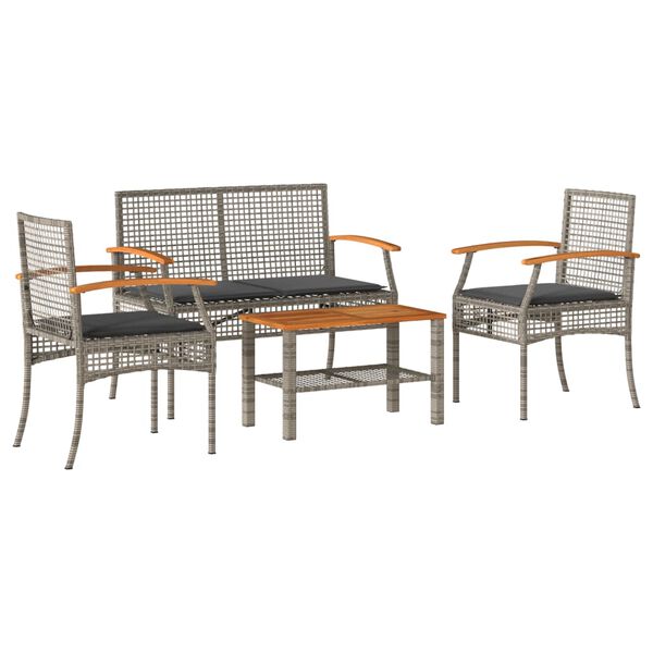vidaXL 4-delige Loungeset met kussens poly rattan grijs