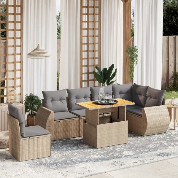 vidaXL 7-delige Loungeset met kussens poly rattan beige